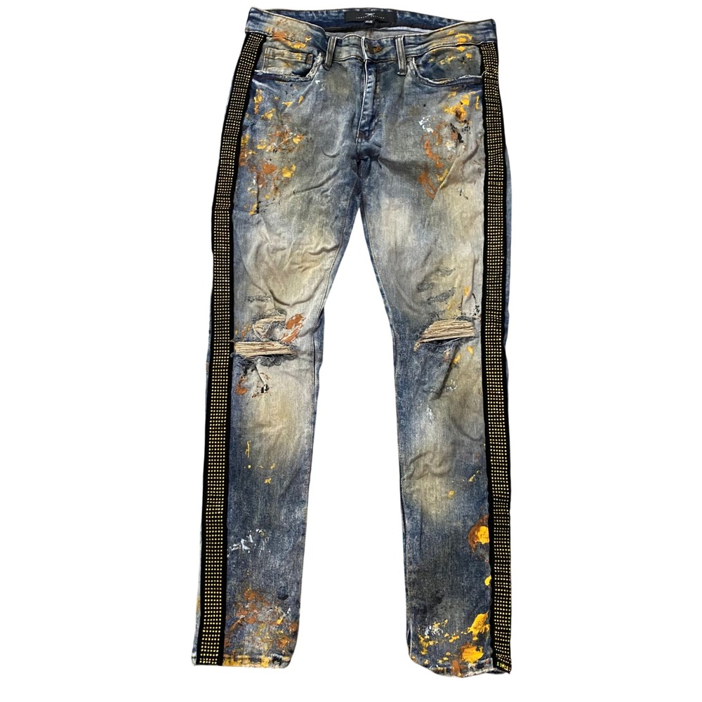 Jordan Craig Ross Jeans Men 32x32 Blue Distressed Paint Splatter Rhinestone Side